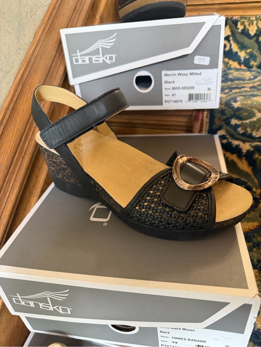 Dansko Black Woven Wedge Sandal with Decorative Buckle